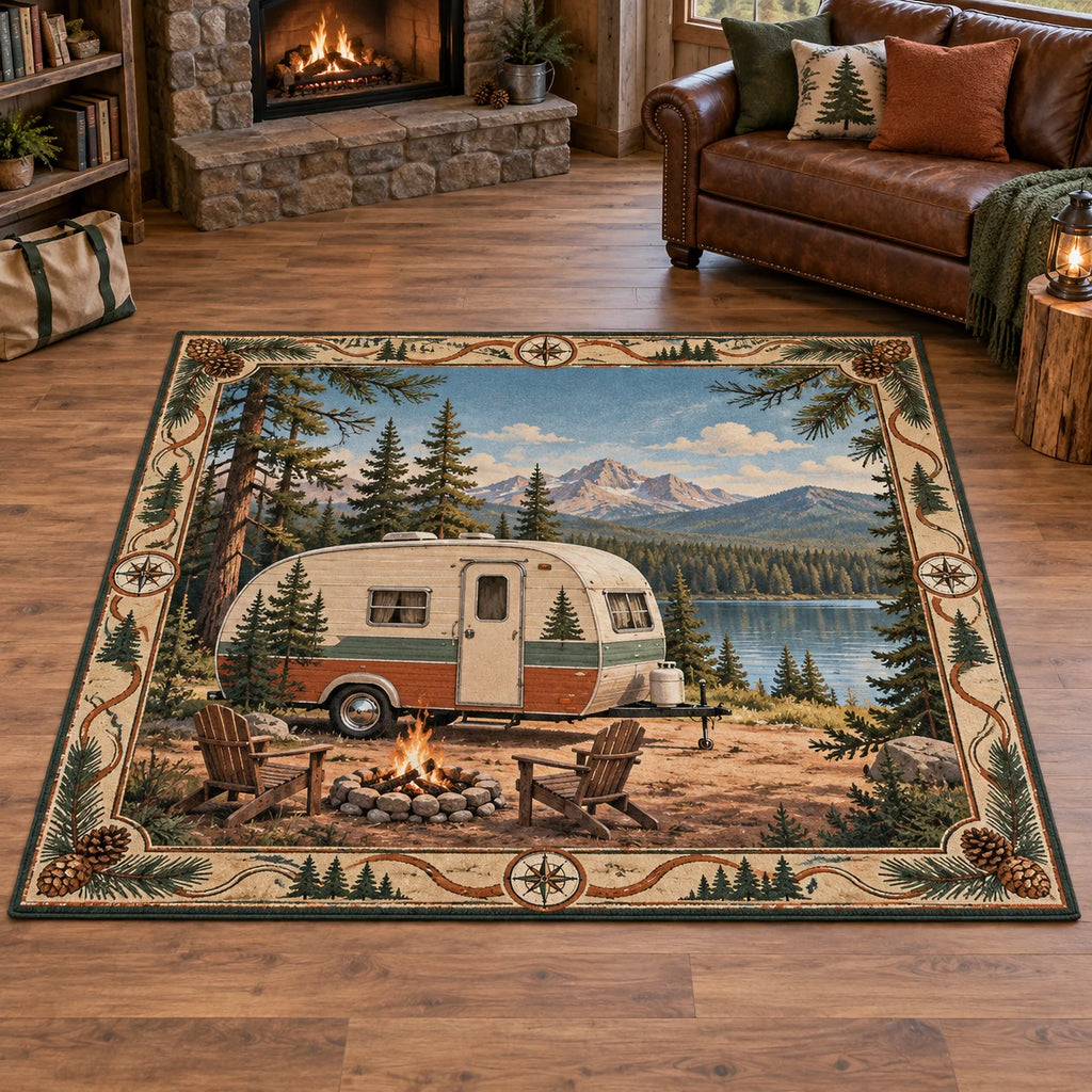 Retro Camper Pine Area Rug with dimensional printed artwork in a coordinated home setting