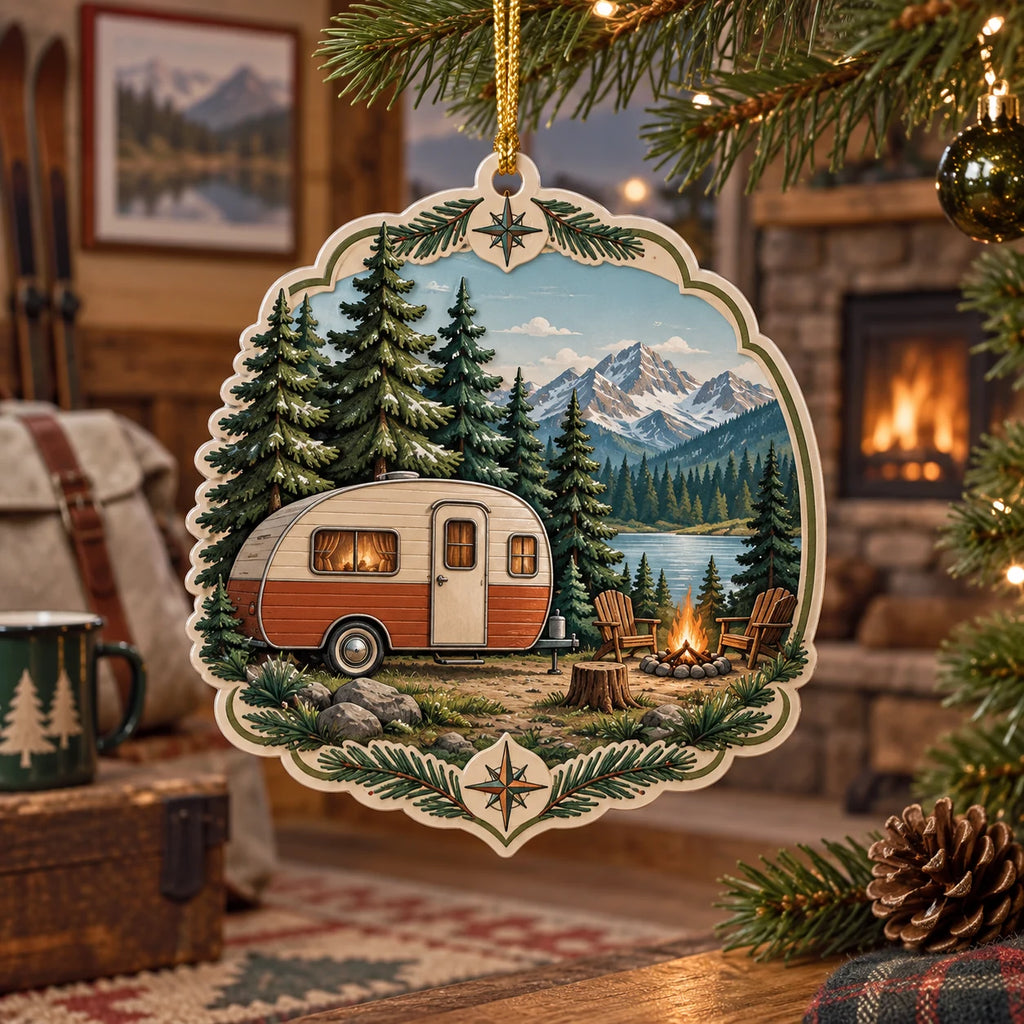 Retro Camper Christmas Ornament with dimensional printed scenery in a coordinated indoor setting