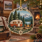 Retro Camper Christmas Ornament with dimensional printed scenery in a coordinated indoor setting
