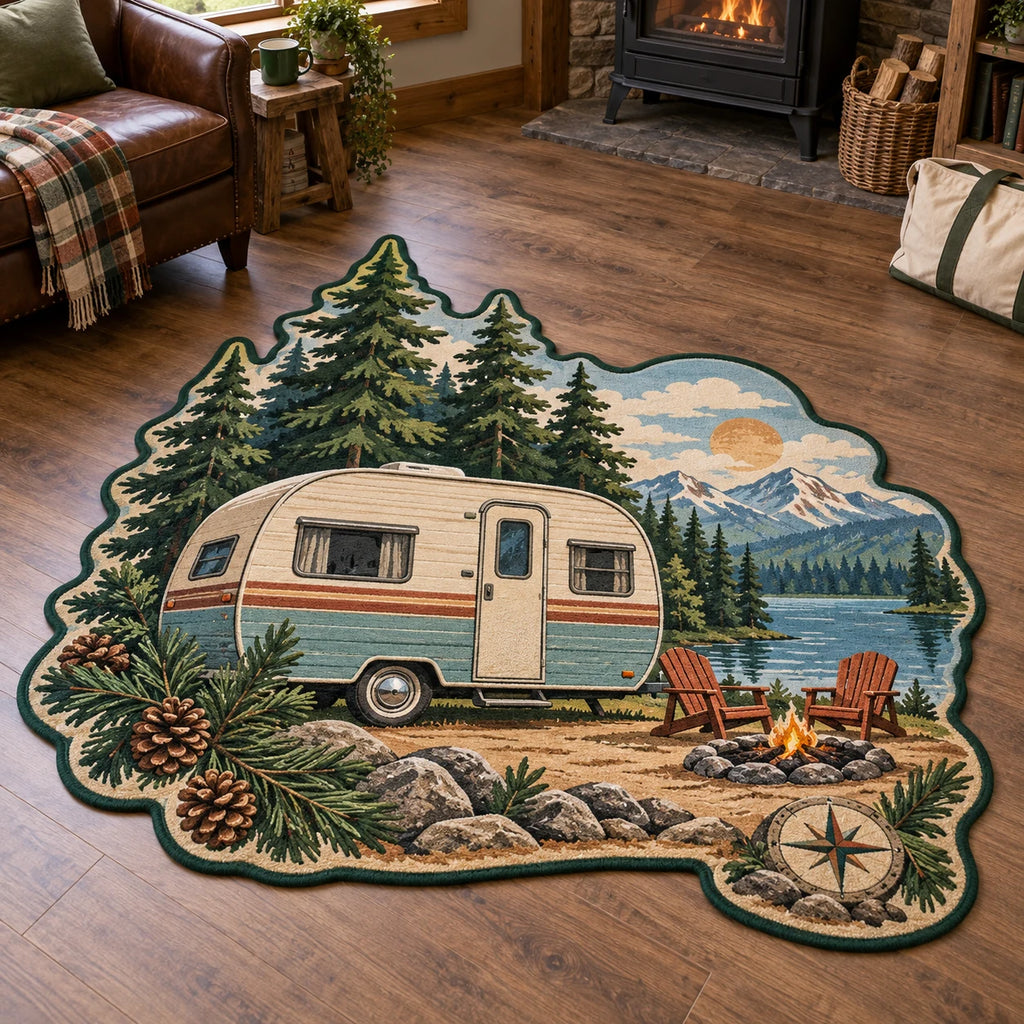 Retro Camper Custom Shape Area Rug with dimensional printed scenery in a coordinated indoor setting
