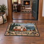 Retro Camper Welcome Doormat with dimensional printed scenery in a coordinated indoor setting