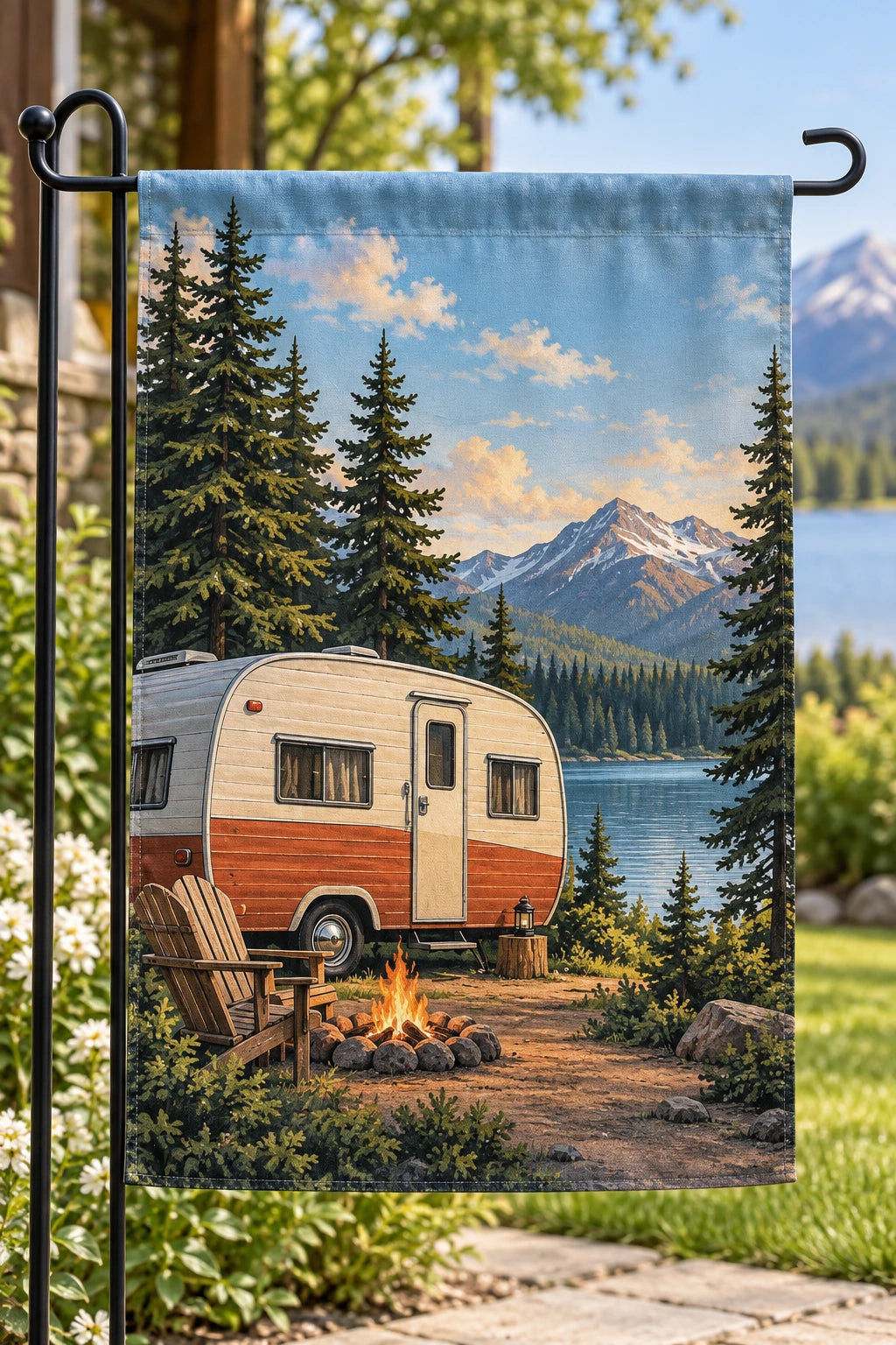 Retro Camper Pine Weekend Garden Flag with printed dimensional artwork