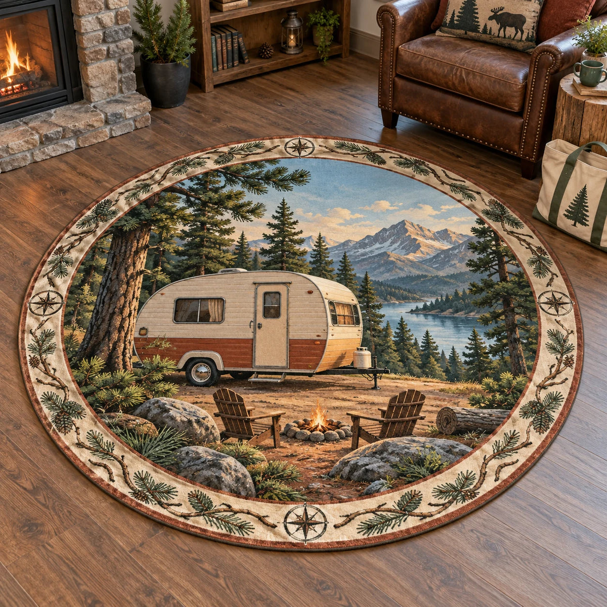 Retro Camper Pine Round Mat Rug with dimensional printed artwork in a coordinated home setting