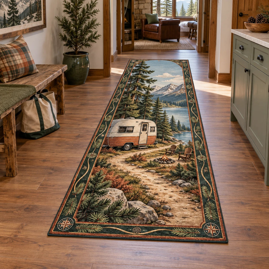 Retro Camper Pine Weekend Runner Rug with dimensional printed scenery in a coordinated indoor setting