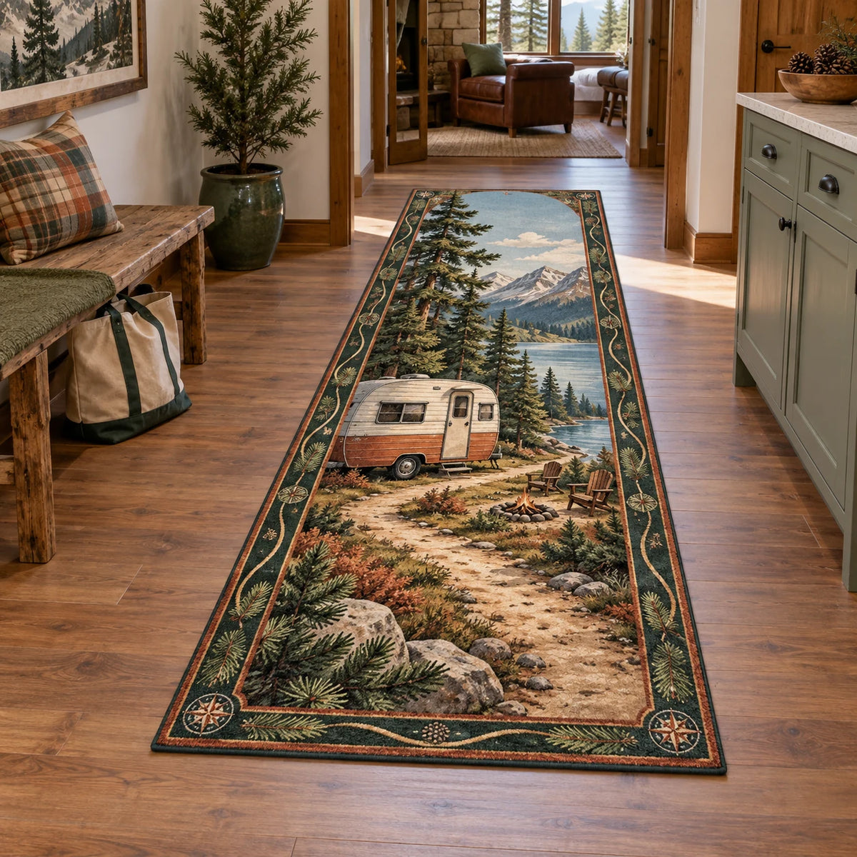 Retro Camper Pine Weekend Runner Rug with dimensional printed scenery in a coordinated indoor setting