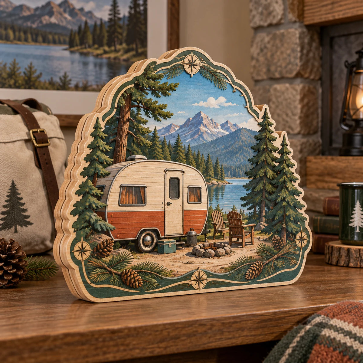 Retro Camper Wooden Block 3 Layer with dimensional printed scenery in a coordinated indoor setting