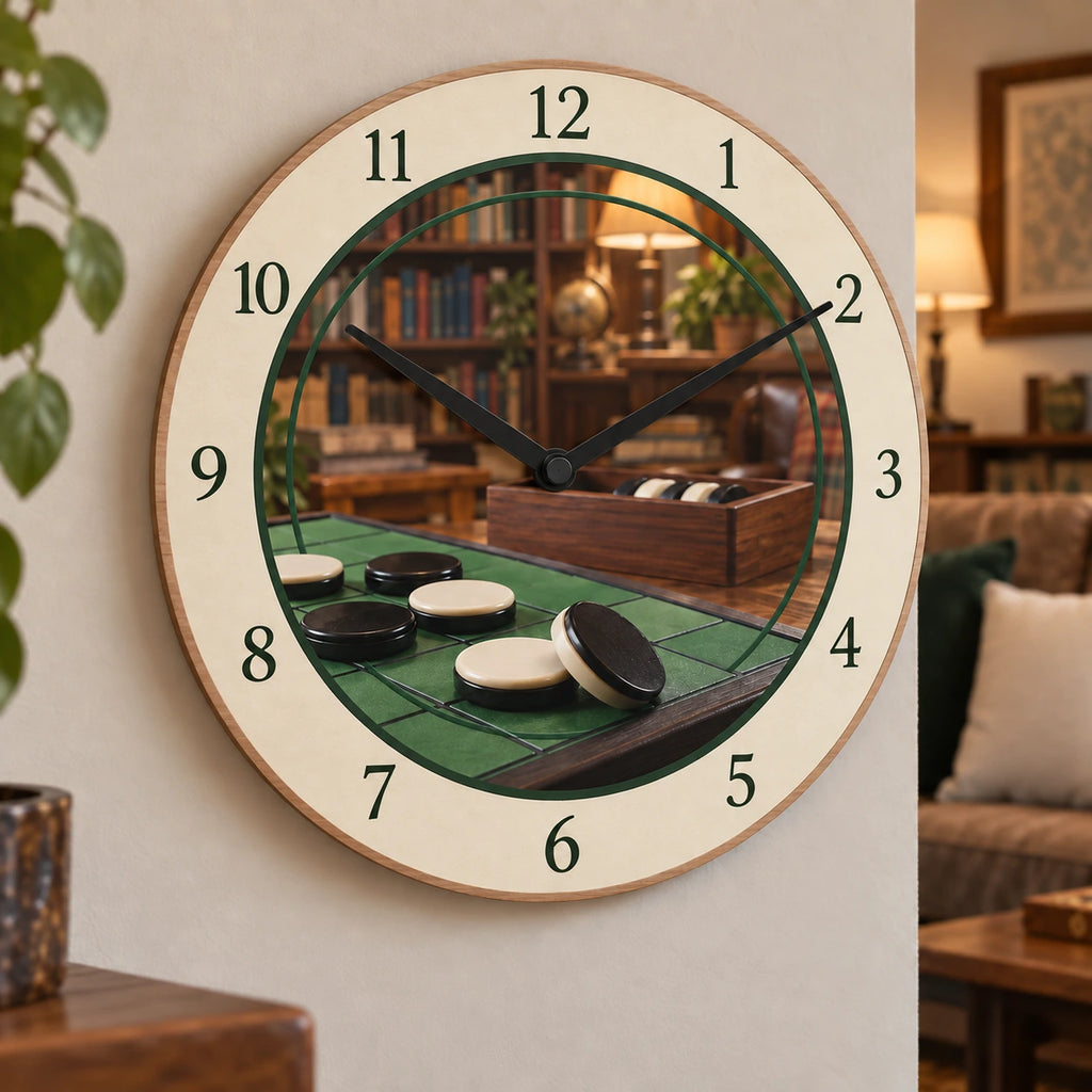 Reversi Strategy Room Wooden Wall Clock with original printed optical 3D artwork