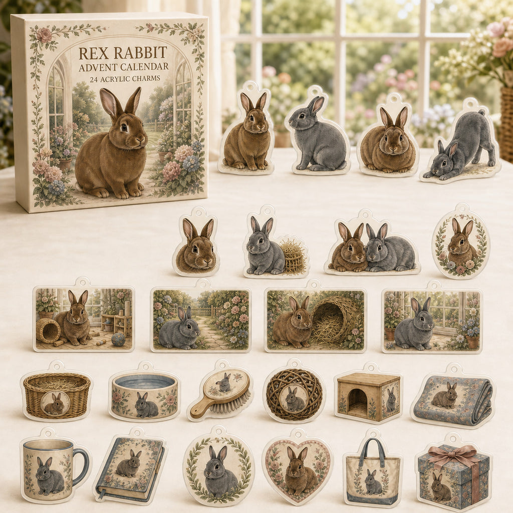 Rex Rabbit advent calendar box and 24 themed flat printed acrylic charms