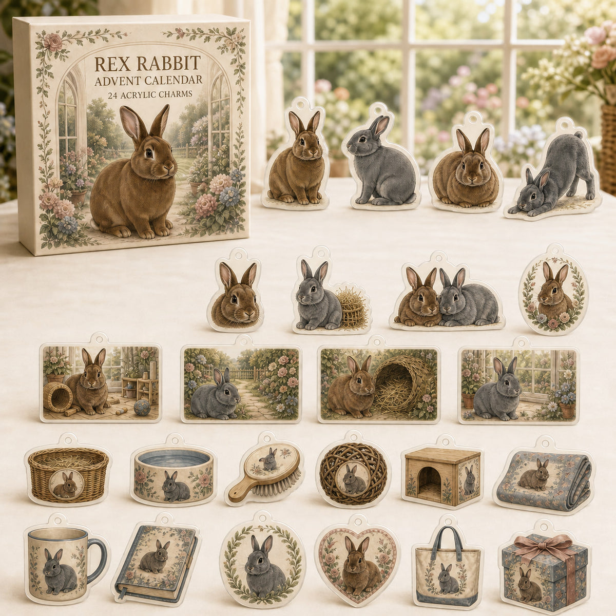 Rex Rabbit advent calendar box and 24 themed flat printed acrylic charms