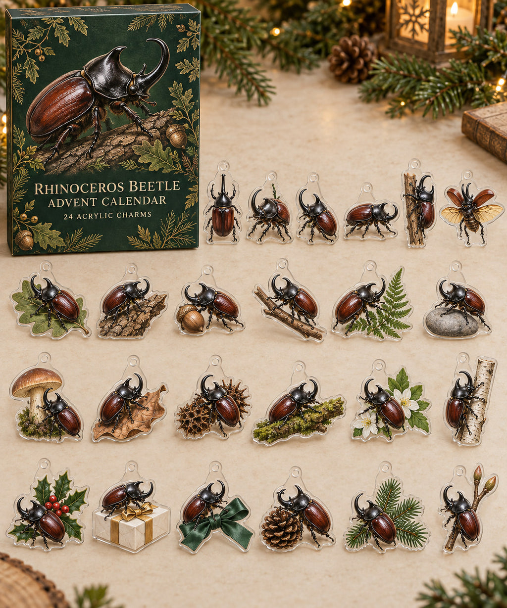 Rhinoceros Beetle advent calendar with 24 custom-shaped flat acrylic charms and printed dimensional artwork