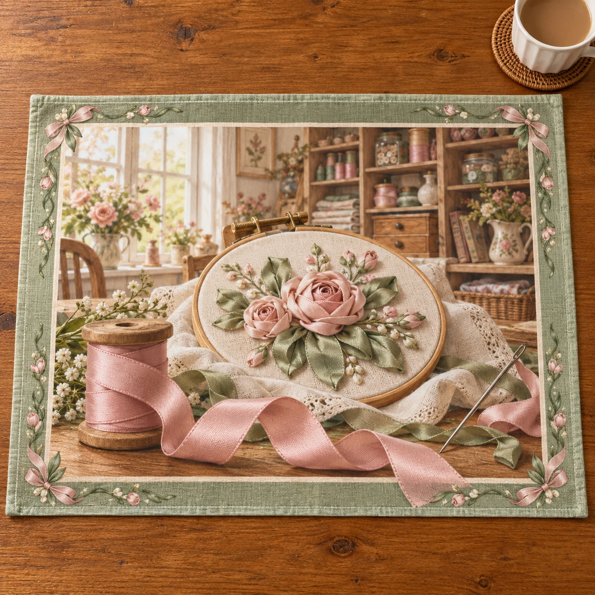 Ribbon Embroidery Rose Atelier Placemat with original printed optical 3D artwork