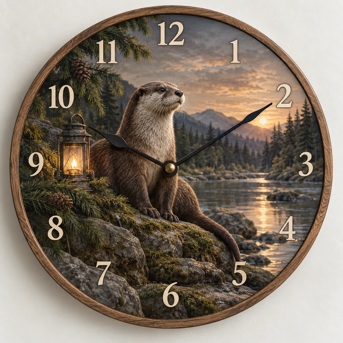 River Otter Evergreen Lantern Wooden Wall Clock with printed dimensional artwork