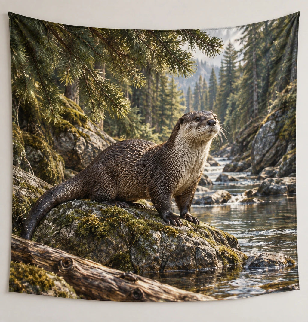 River Otter Pine Shelter Wall Tapestry with printed dimensional artwork