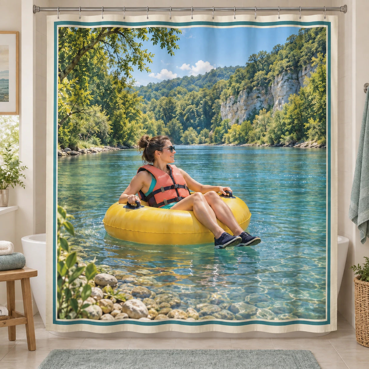 River Tubing Summer Bend Shower Curtain with original printed optical 3D artwork