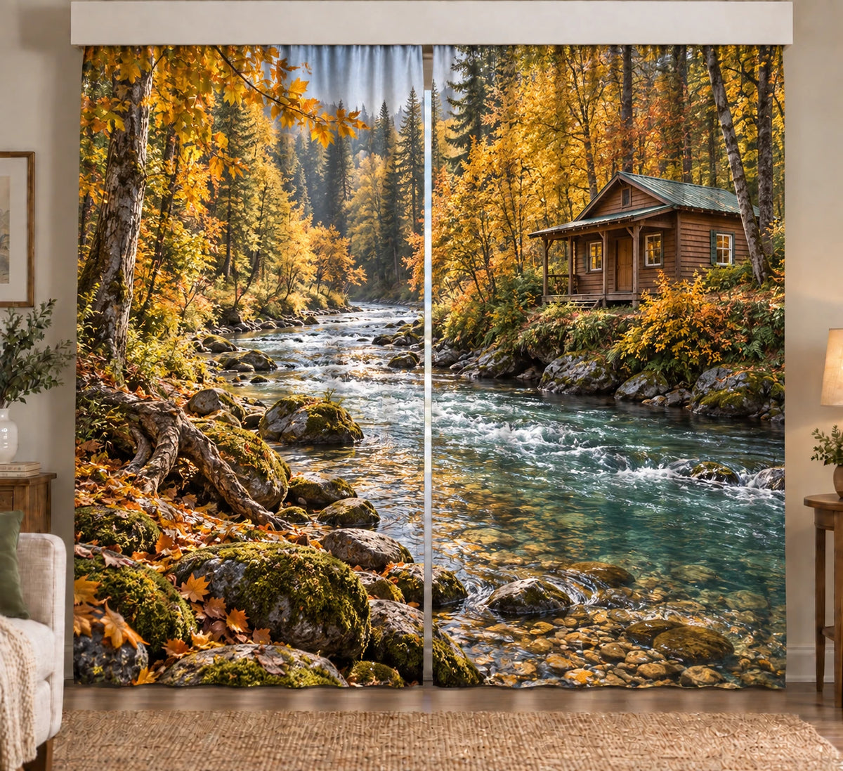 Riverside Cabin Autumn Bend Window Curtain Pair with printed cedar cabin and riverbank depth