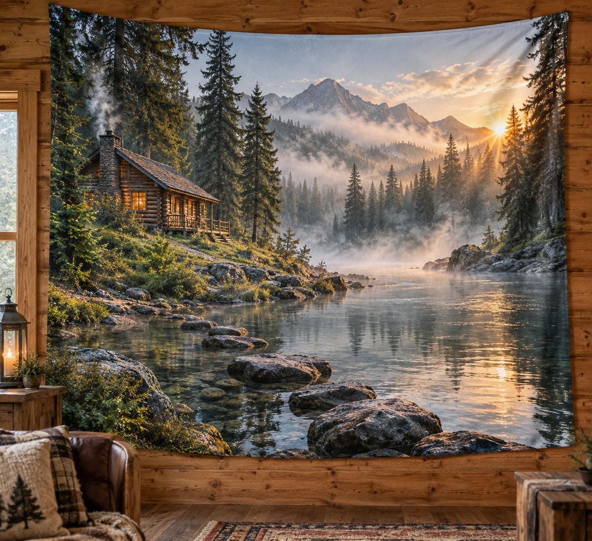 Riverside Cabin Morning Mist Wall Tapestry with printed dimensional artwork