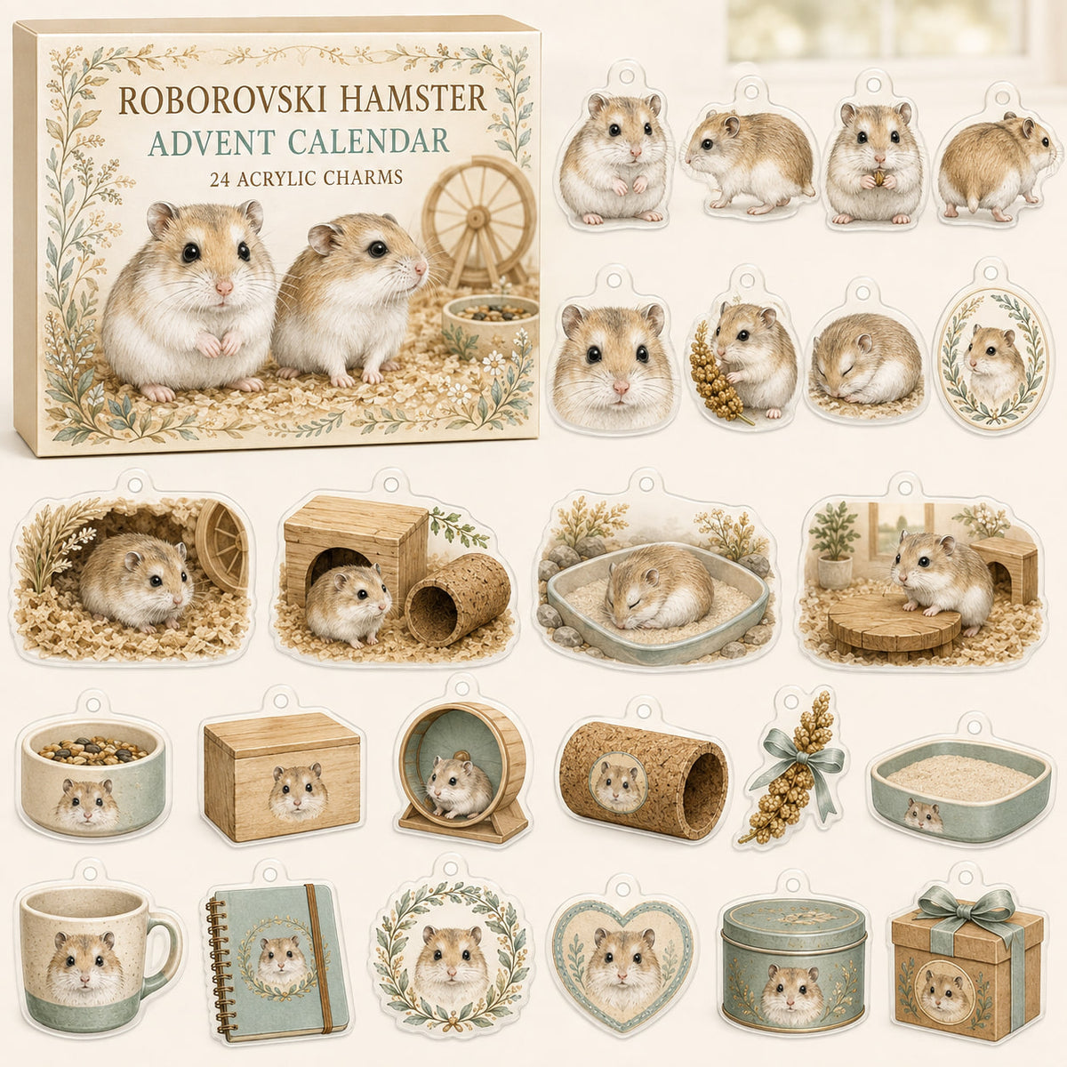 Roborovski Hamster advent calendar box with 24 themed printed acrylic charms
