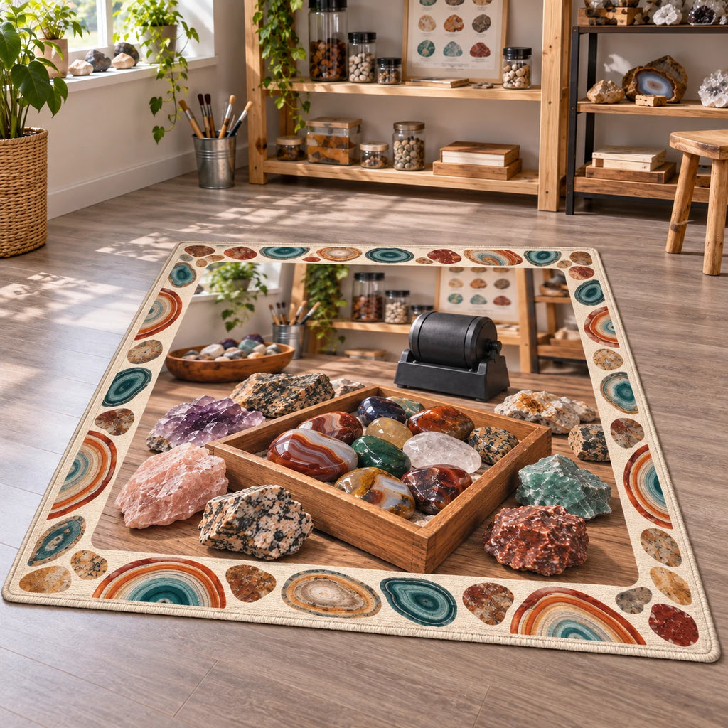 Rock Tumbling printed 3D area rug with coordinated border and hobby setting