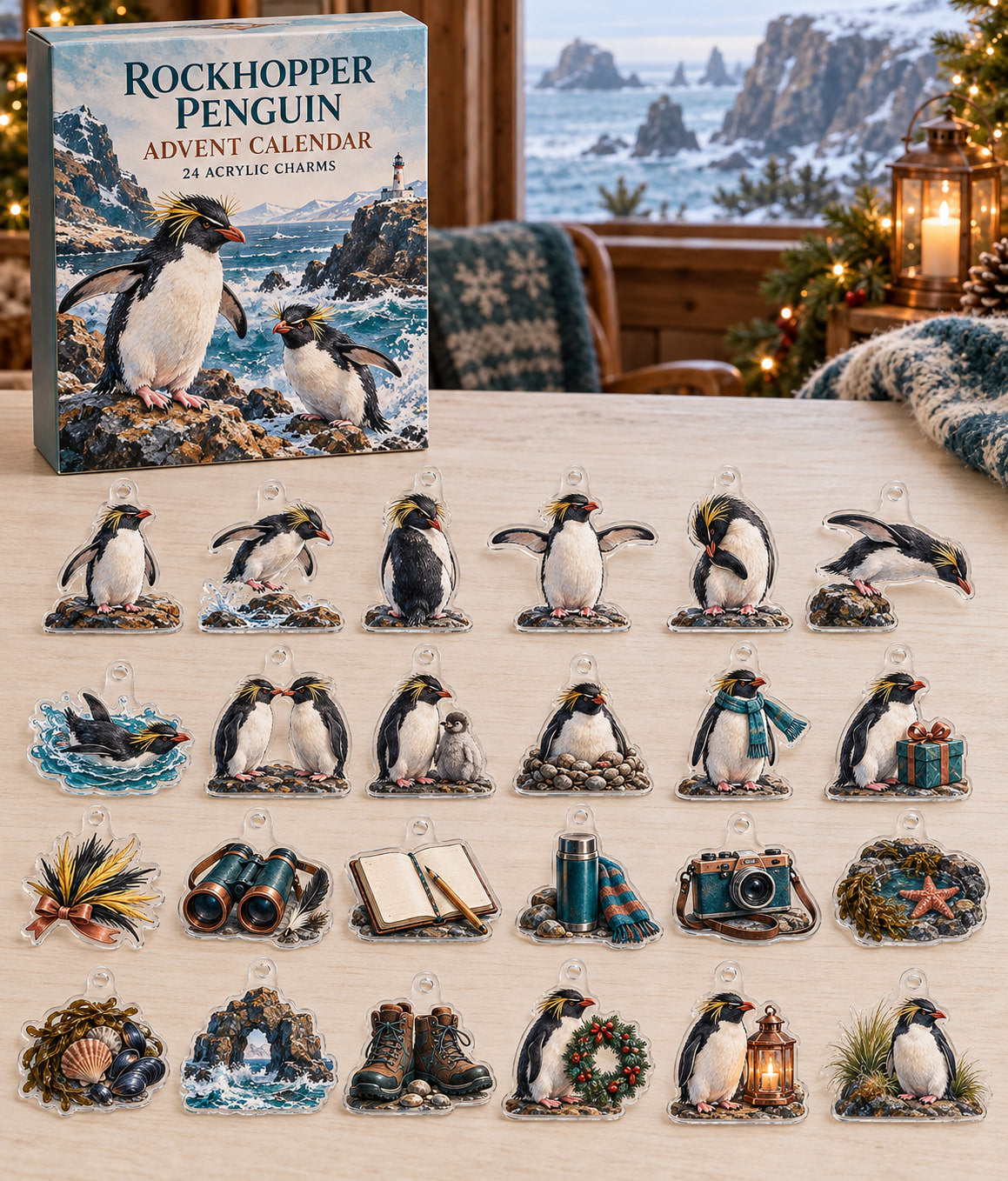 Rockhopper Penguin advent calendar with 24 custom-shaped flat acrylic charms and printed dimensional artwork