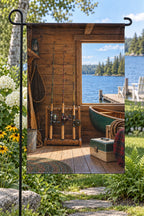 Fishing rod rack boathouse scene printed on a flat garden flag.