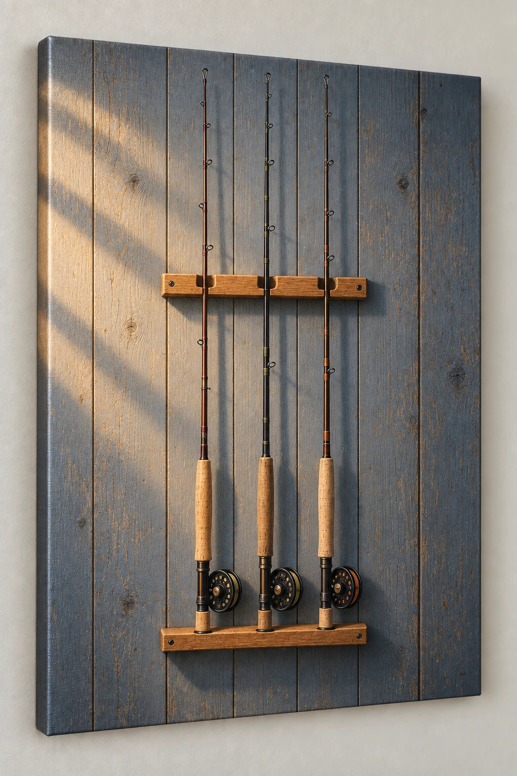 Rod Rack Cabin Workshop Stretched Canvas Wall Art with printed cork grips and oak rack depth