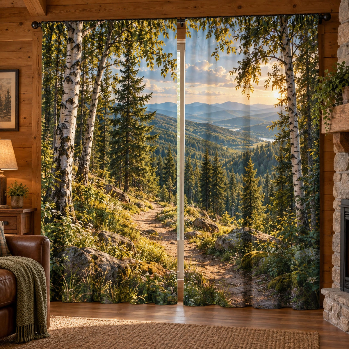 Rolling Foothills Forest Path Window Curtains with printed dimensional artwork