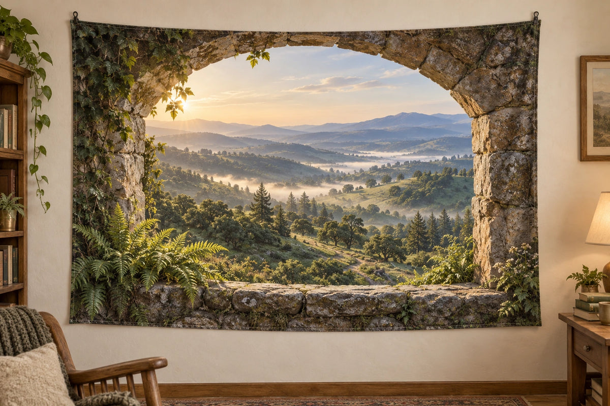 Rolling Foothills Morning Mist Wall Tapestry hanging in a cabin room; printed stone arch frames layered hills and fog.