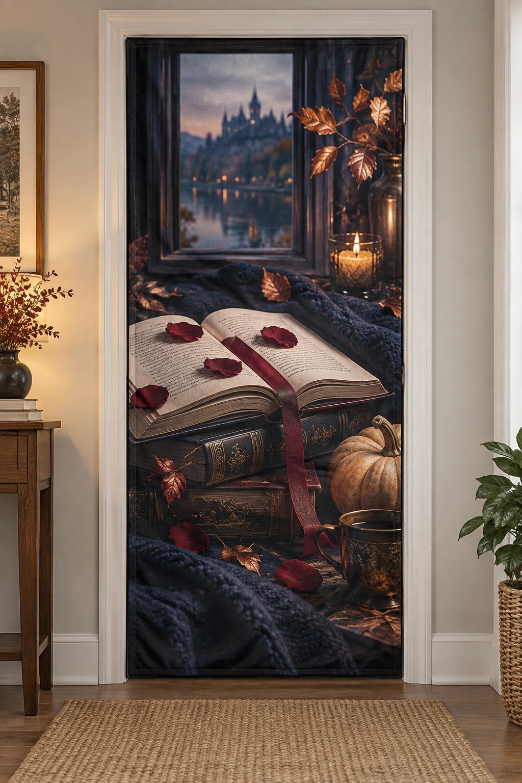 Romance Reader Autumn Reading Fabric Door Cover with printed dimensional artwork