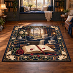 Complete rectangle; blank open book and scrolls, ivory roses, red petals and recessed arched window.
