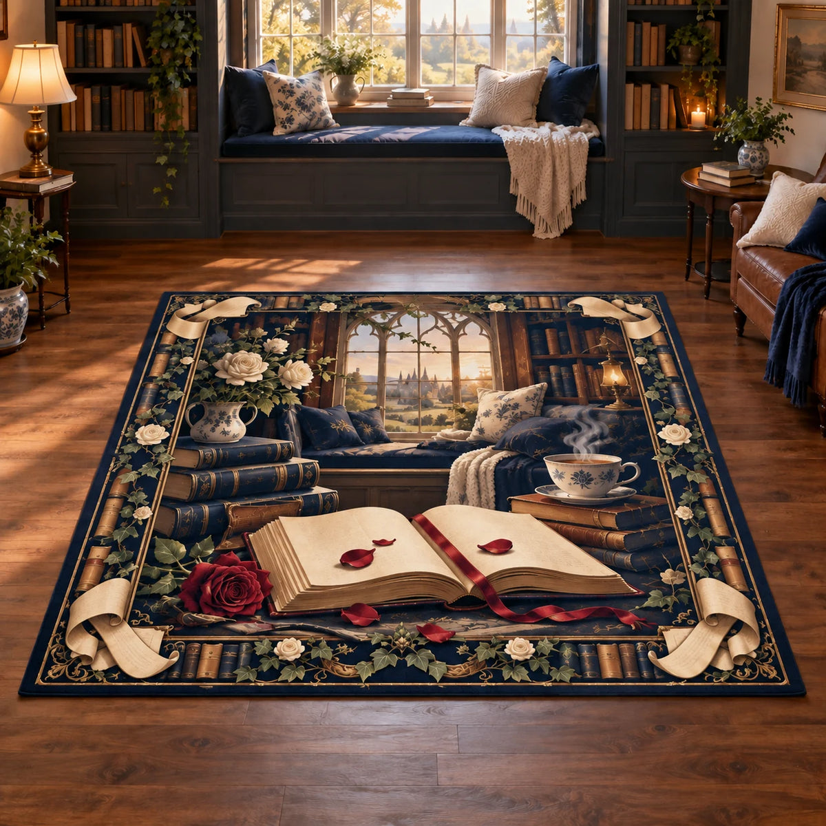 Complete rectangle; blank open book and scrolls, ivory roses, red petals and recessed arched window.