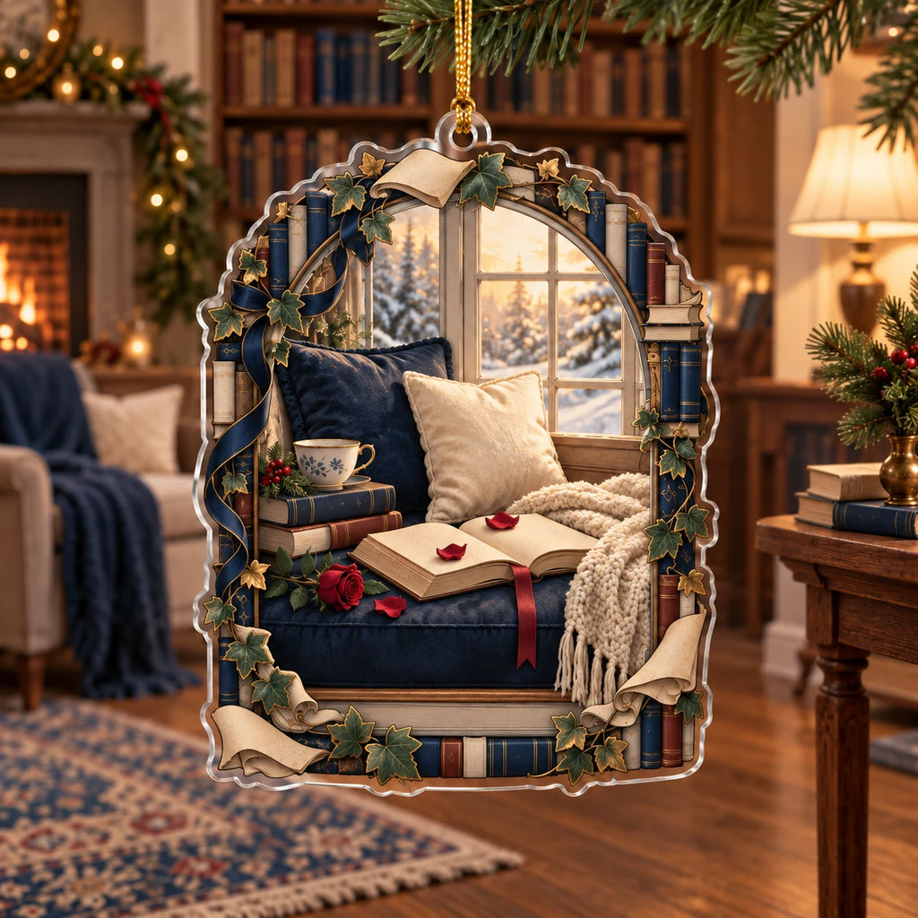 Thin rim and supported cord; blank book and scrolls surround navy window seat with snowy view.