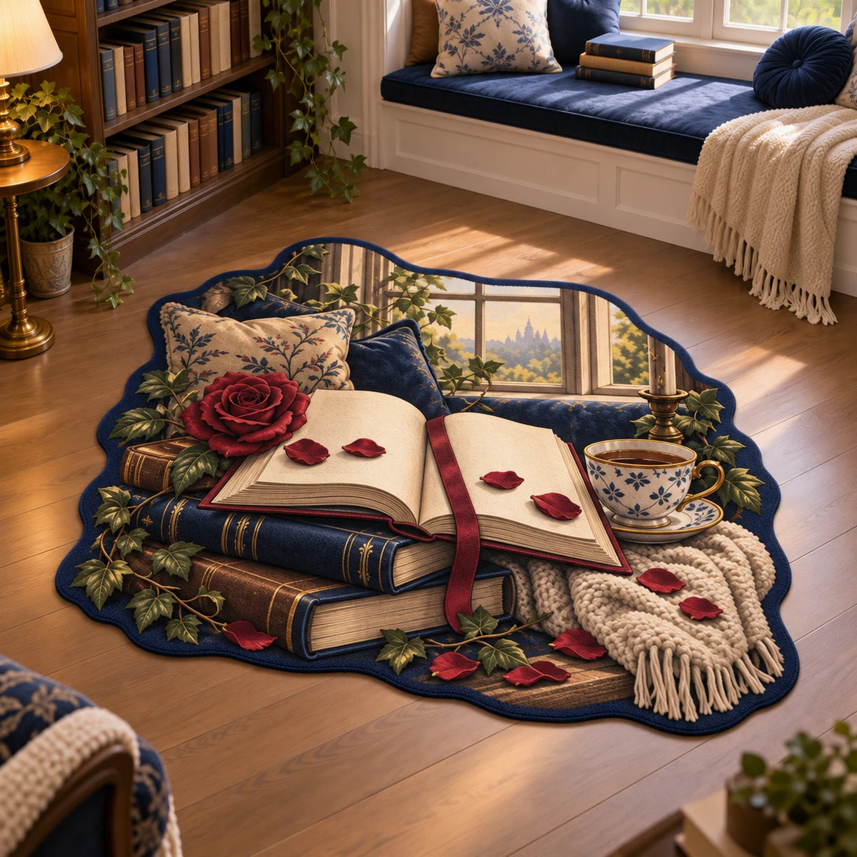 Full irregular navy outline, blank open book on stacked books, red rose and tea beside cream throw.