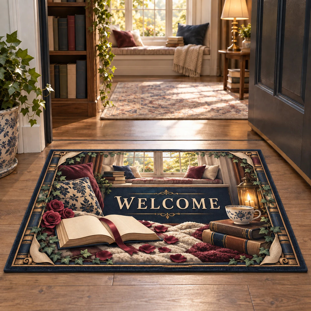 Correct WELCOME, blank central book, red petals, teacup and recessed window seat.