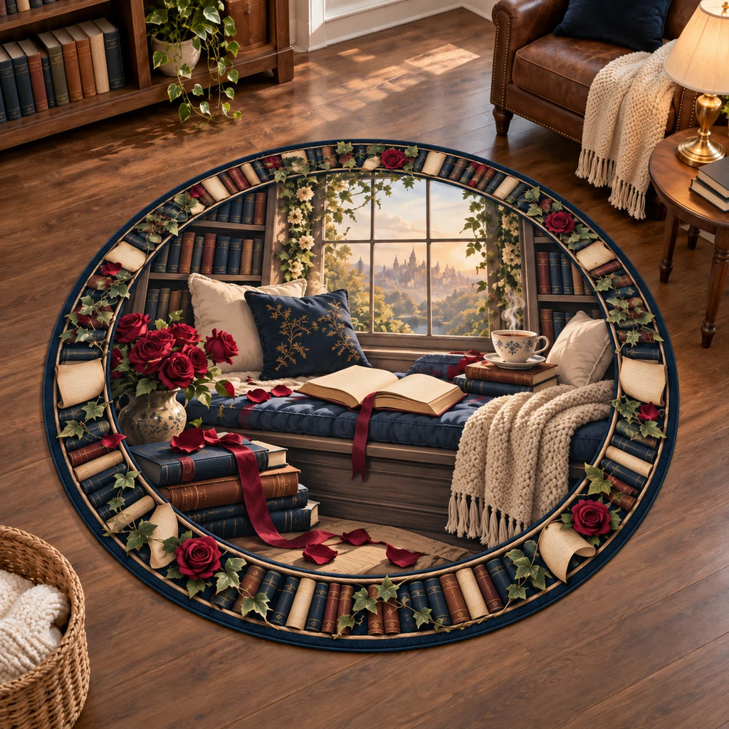 Full round book and ivy border; blank open book, red roses, ribbon and window seat.