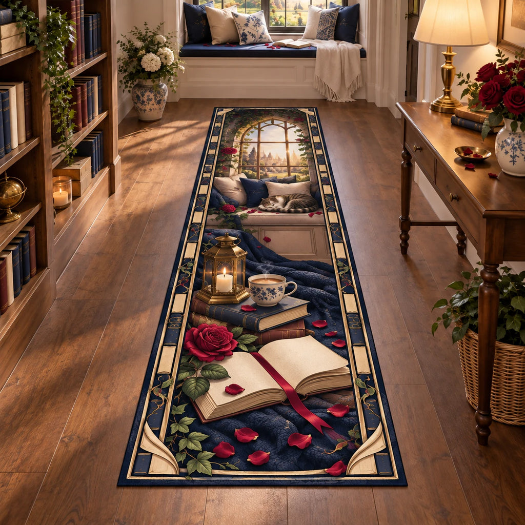 Full runner with blank book, red rose, lantern, teacup and sleeping tabby on distant window seat.