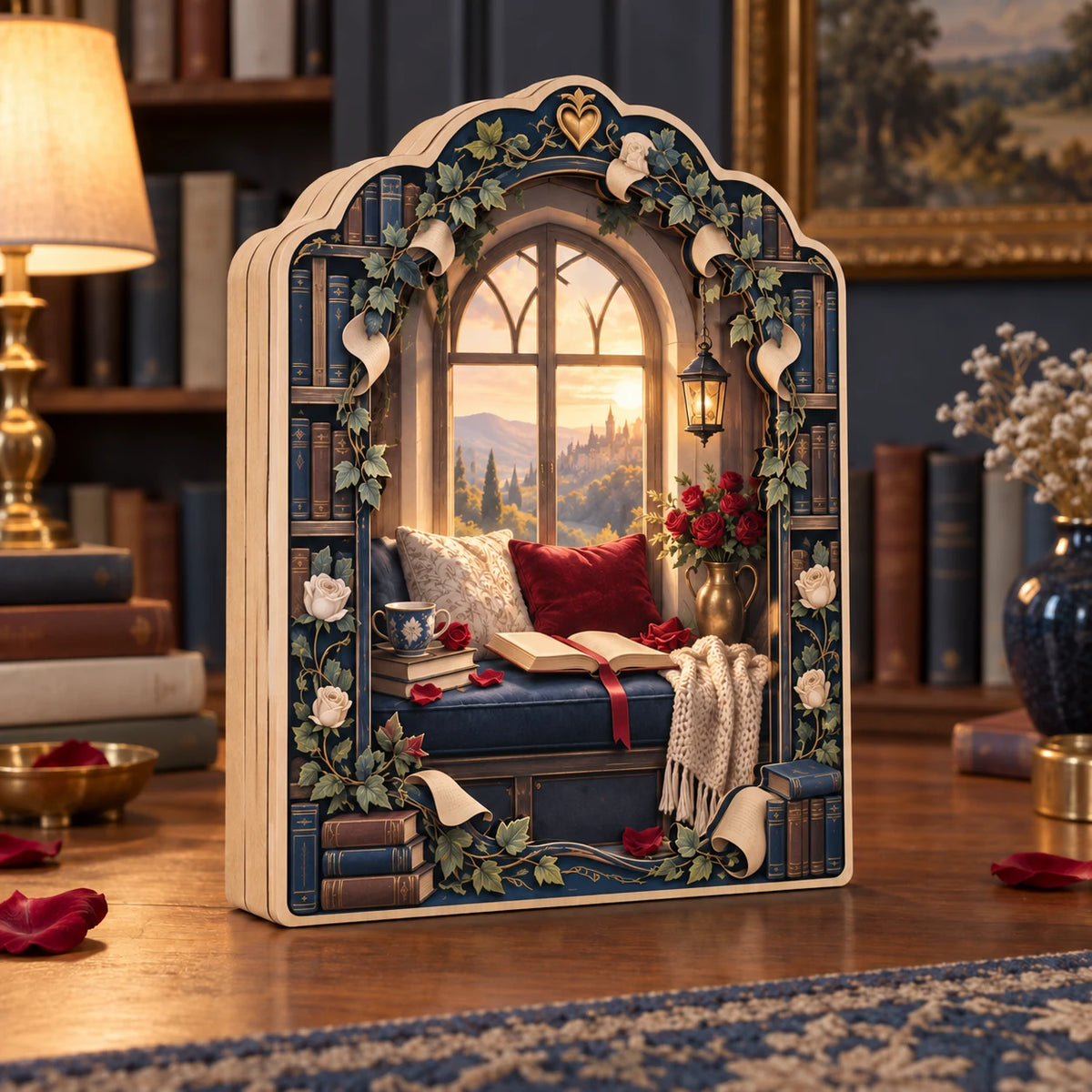 Three aligned wood slabs and stable base; blank books and scrolls frame romantic window seat and distant castle.