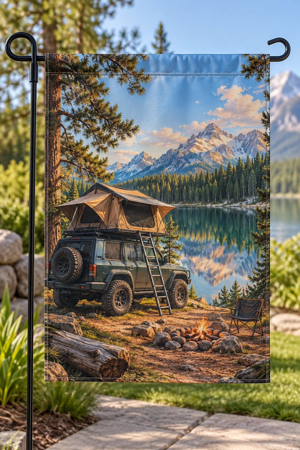 Roof Tent Lakeside Stop Garden Flag with printed dimensional artwork