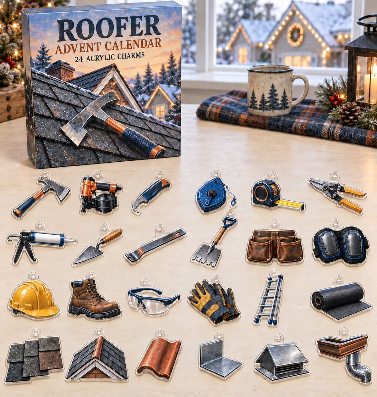 Roofer advent calendar with 24 custom-shaped flat acrylic charms and printed dimensional artwork