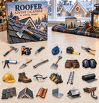 Roofer advent calendar with 24 custom-shaped flat acrylic charms and printed dimensional artwork