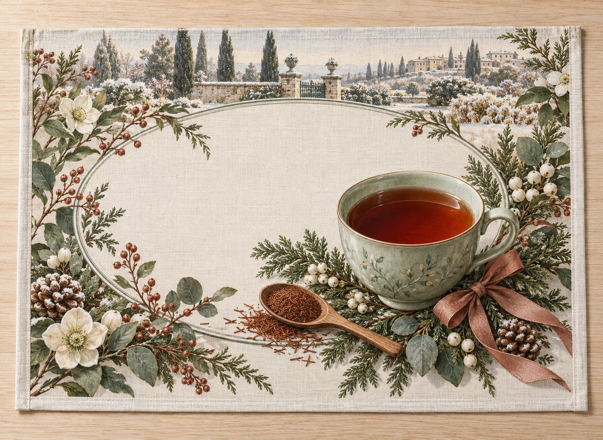 Rooibos Holiday Tea Placemat with flat printed dimensional tea artwork