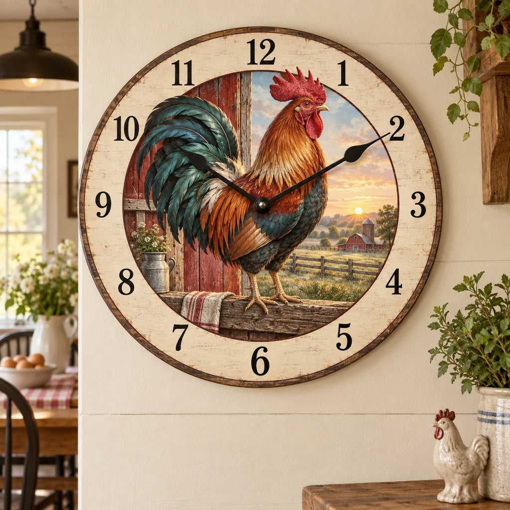 Rooster Farmhouse Wooden Wall Clock with flat printed rooster and sunrise farm depth