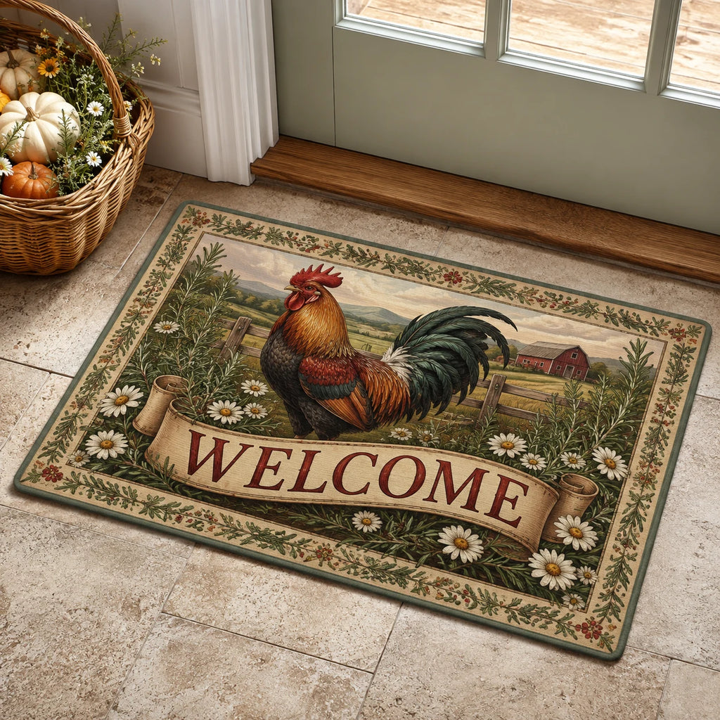 Rooster Herb Farmhouse Welcome doormat with a dimensional printed design in a rooster farmhouse setting