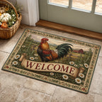 Rooster Herb Farmhouse Welcome doormat with a dimensional printed design in a rooster farmhouse setting