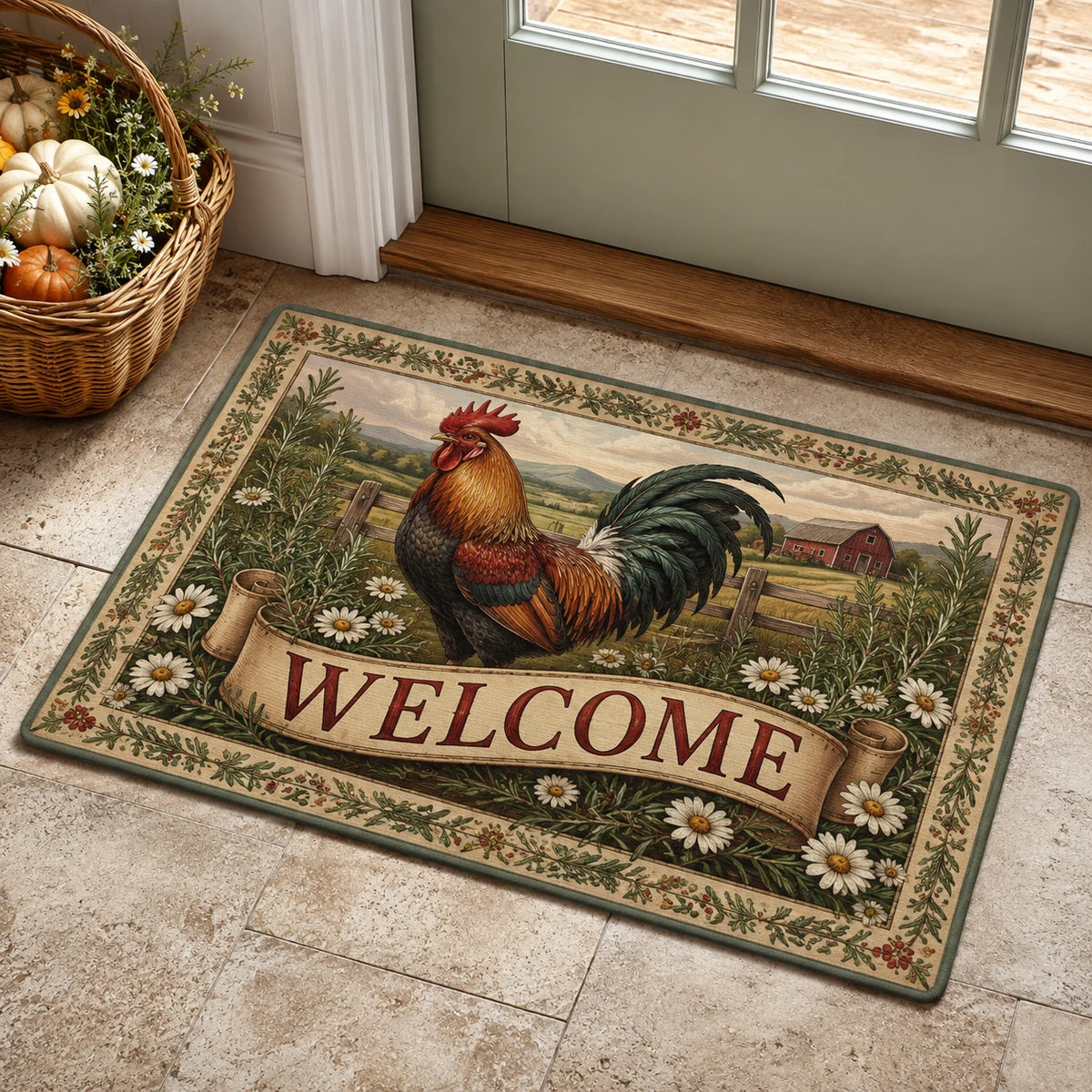Rooster Herb Farmhouse Welcome doormat with a dimensional printed design in a rooster farmhouse setting