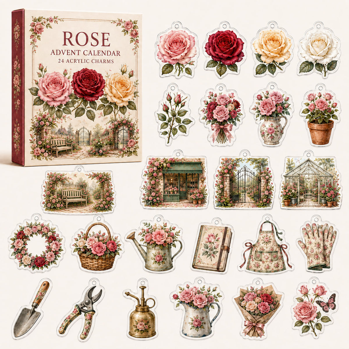 Rose advent calendar box and 24 floral printed acrylic charms