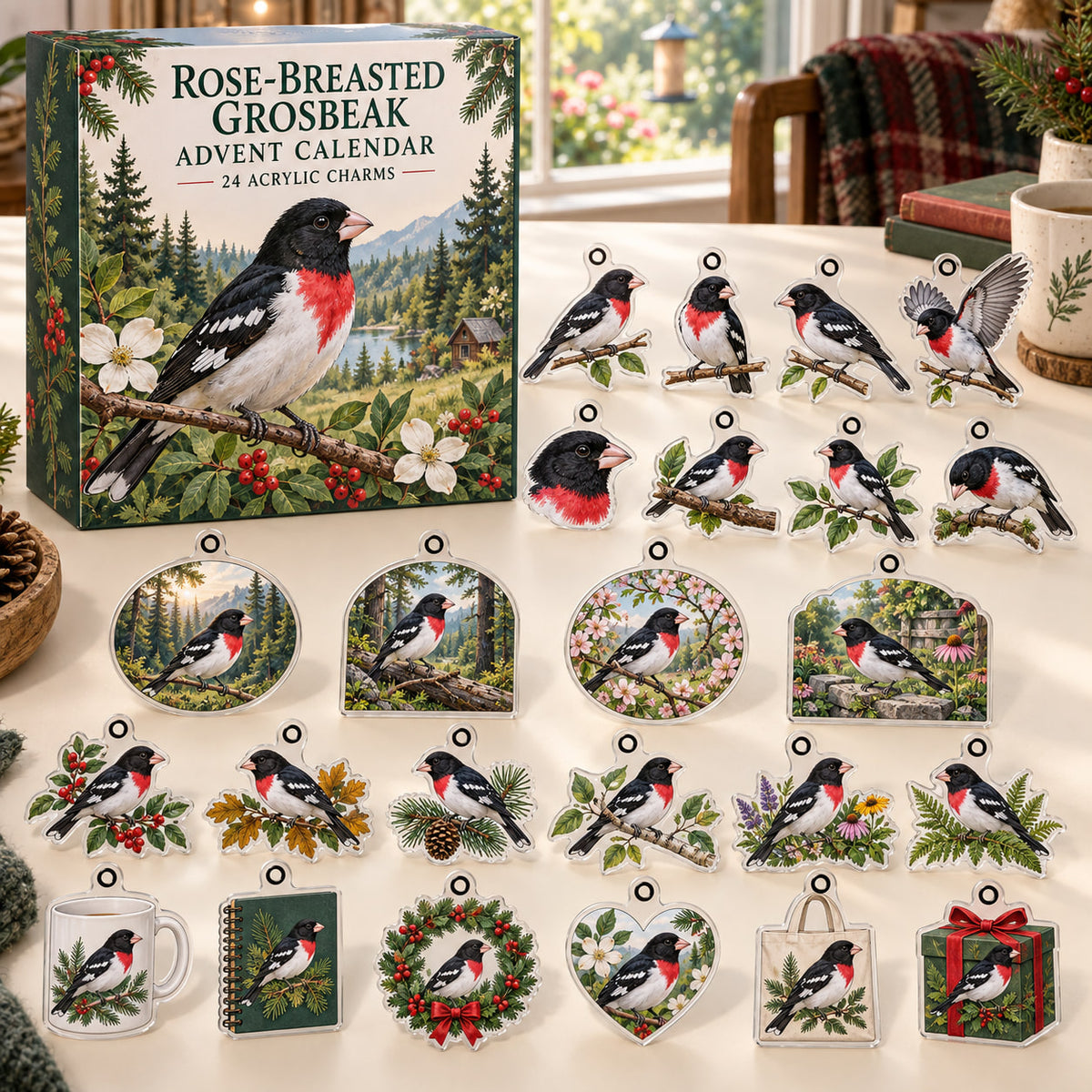 Rose-Breasted Grosbeak advent calendar box with 24 themed flat printed acrylic charms