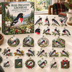Rose-Breasted Grosbeak advent calendar box with 24 themed flat printed acrylic charms