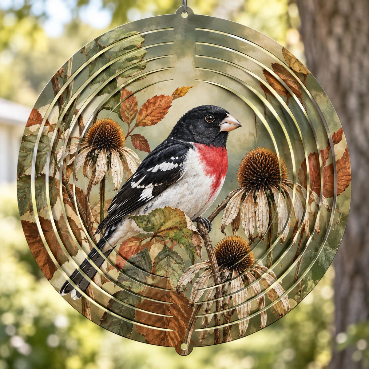 Rose-breasted Grosbeak Autumn Seedheads Wind Spinner with printed dimensional artwork