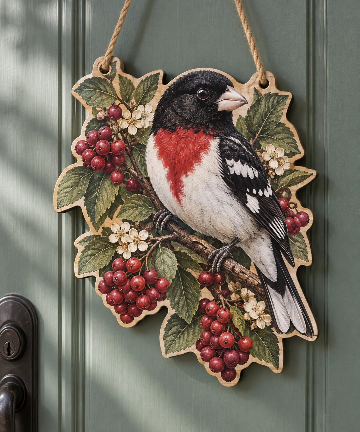 Rose-breasted Grosbeak Berry Hedge Custom Shape Door Hanger with printed dimensional artwork