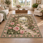 Rose garden trellis area rug with blush flowers, green leaf border and printed garden depth in an airy cottage setting